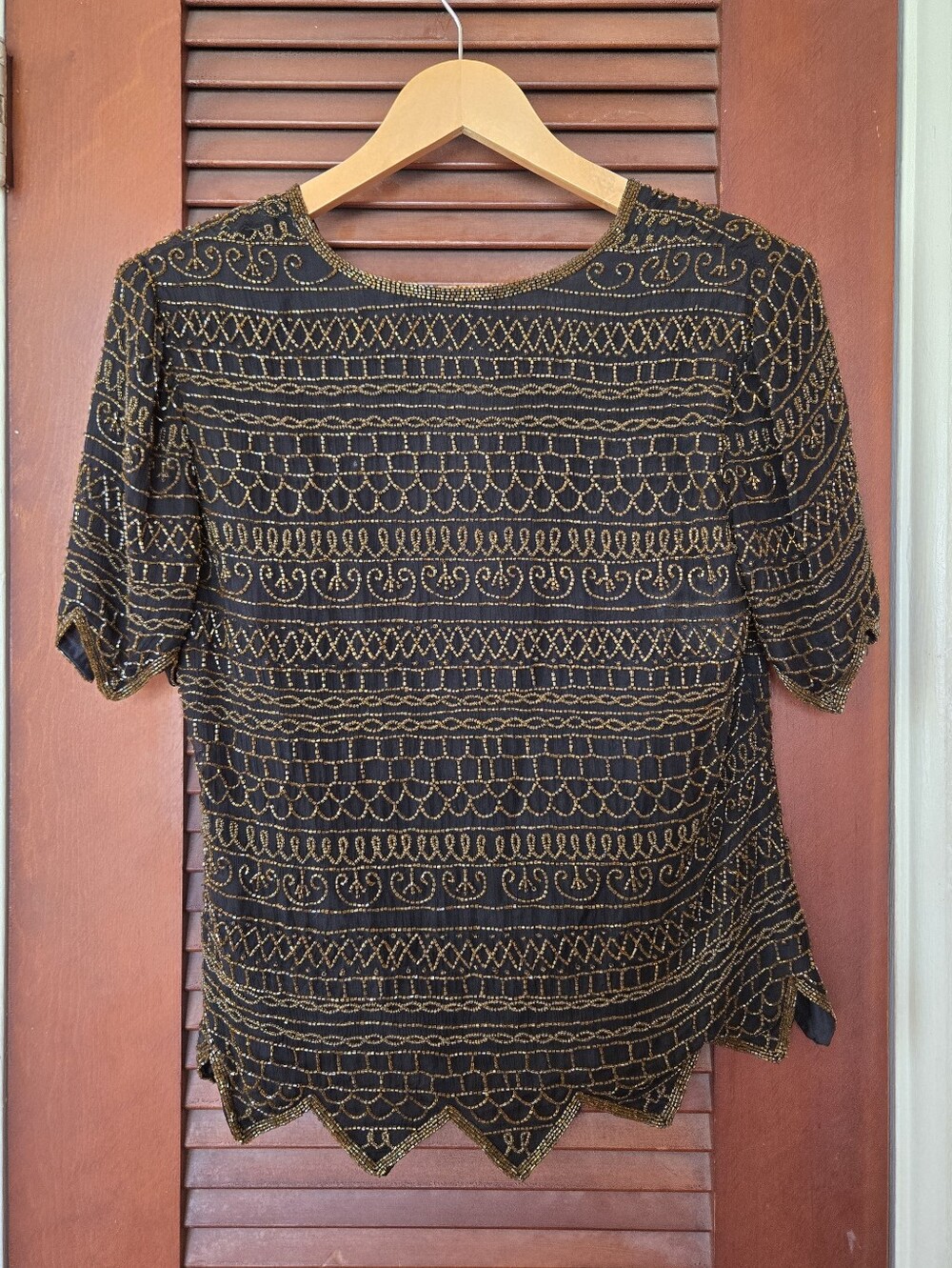 NWT Vintage Laurence Kazar Black Silk Amber Orange Bead Top S - Picture 2 of 11